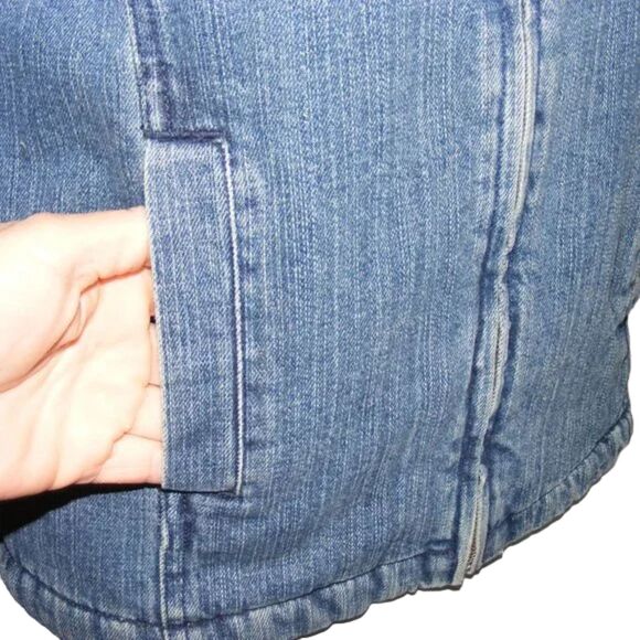 Vintage LEE Hooded Denim Coat, YL, Blue, Brown Fuzzy lining, Zipper, Pockets - Picture 5 of 15